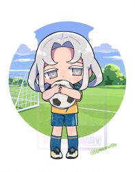 Rule 34 | 1girl, akasode matsuri (inazuma eleven), ball, blue shorts, blue socks, chibi, chibi only, cloud, cloudy sky, covered mouth, full body, grey eyes, grey hair, holding, holding ball, inazuma eleven (series), inazuma eleven victory road, medium hair, raimon, raimon soccer uniform, shirt, shoes, shorts, sky, soccer ball, soccer field, soccer uniform, socks, solo, sportswear, sumikawa (sumikawa8v), tree, white background, white shoes, yellow shirt