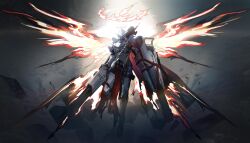 1boy absurdres arknights armor cape fiery_wings fire flaming_halo halo helmet highres holding holding_weapon jiuri_jiuhao male_focus red_cape sankta_miksaparato_(arknights) weapon wings