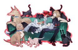 2boys absurdres animal_collar black_cat black_eyes black_footwear black_fur black_gloves black_pants black_vest blonde_hair blue_eyes boots brown_fur candy cat chocolate chocolate_bar collar collared_shirt couch death_note dog food full_body gloves grey_cat grey_hair hair_between_eyes highres holding holding_chocolate holding_food jewelry leather leather_boots leather_pants leather_vest long_sleeves male_focus medium_hair mello_(death_note) multiple_boys near_(death_note) necklace pants reclining saaak57587044 shirt short_hair sitting spacecraft toy_airplane two-tone_fur vest white_fur white_pants white_shirt