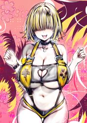 1girl ahoge blonde_hair blush breasts choker clothing_cutout elegg_(boom_and_shock)_(nikke) elegg_(nikke) fang goddess_of_victory:_nikke hair_intakes hair_over_eyes heart_cutout highres large_breasts long_bangs looking_at_viewer multicolored_hair navel nikke_nikke2nd open_mouth see-through_slingshot_swimsuit short_hair skindentation slingshot_swimsuit smile solo standing swimsuit thigh_strap two-tone_hair underboob yellow_slingshot_swimsuit
