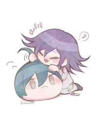 1boy :d ahoge artist_name blush chibi closed_eyes danganronpa_(series) danganronpa_v3:_killing_harmony highres inukai_(inuuowoukai) male_focus medium_hair musical_note oma_kokichi open_mouth saihara_shuichi simple_background smile speech_bubble spoken_musical_note triangle_mouth white_background