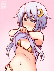 Rule 34 | 1girl, artist logo, bikini, blue eyes, commentary request, covered erect nipples, crescent, crescent hair ornament, dated, gold bikini, gradient background, hair ornament, kanon (kurogane knights), kantai collection, logo, navel, pink background, purple hair, shirt, short hair, short hair with long locks, side-tie bikini bottom, solo, swimsuit, undressing, upper body, white shirt, yayoi (kancolle)