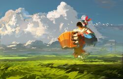 1boy accordion arm_belt beak belt belt_buckle bird bird_boy buckle cloud commentary day fringe_trim full_body furry furry_male grass highres instrument kass male_focus mountainous_horizon music nintendo ocean outdoors parrot playing_instrument red_belt red_sleeves redum4 scarf simple_bird solo symbol-only_commentary the_legend_of_zelda the_legend_of_zelda:_breath_of_the_wild two-tone_sleeves vertical-striped_sleeves watchtower white_bird white_scarf white_sleeves