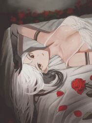 1girl absurdres alternate_costume arlecchino_(genshin_impact) arm_up black_eyes black_hair black_hands breasts camisole colored_extremities flower genshin_impact haruhachiya highres large_breasts looking_at_viewer lying multicolored_hair on_back on_bed parted_lips red_flower red_nails red_pupils red_rose rose solo streaked_hair symbol-shaped_pupils white_camisole white_hair x-shaped_pupils