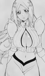 Rule 34 | 1girl, absurdres, bleach, bleach: sennen kessen-hen, breasts, cleavage, cleavage cutout, clothing cutout, female focus, grey background, hair ornament, hairclip, highres, inoue orihime, large breasts, long hair, long skirt, looking at viewer, midriff, n (nauki 11), navel, parted lips, simple background, skirt, solo