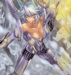 1girl artillery ballistic_mortar_cannons blue_eyes breasts cannon cleavage coyote_tango dos_(james30226) female_focus headgear jaeger_(pacific_rim) large_breasts legendary_pictures mecha_musume mortar_(weapon) pacific_rim pan_pacific_defense_corps personification shoulder_cannon shoulder_gun silver_hair solo