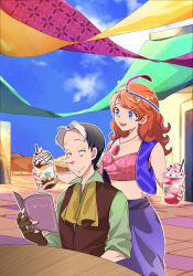 1boy 1girl :d bare_shoulders behind_another bikini bikini_top_only black_hair blue_eyes blue_sky breasts brown_gloves building cedric_(disney) checkered_background chocolate_syrup cleavage closed_mouth cloud collarbone collared_shirt commentary_request cowboy_shot cup day desert disposable_cup drinking_straw earrings fingerless_gloves food gloves green_shirt hair_behind_ear highres holding holding_cup holding_menu ice_cream jacket jewelry long_hair looking_at_another menu midriff multicolored_hair necklace open_mouth orange_hair outdoors outline patterned_clothing pink_bikini pink_brooch pointy_nose purple_jacket purple_sarong red_vest sarong shirt short_hair sky sleeveless sleeveless_jacket small_breasts smile sofia_(disney) sofia_the_first sprinkles stud_earrings sundae swept_bangs swimsuit table teeth two-tone_hair uo_sakana5656 upper_body upper_teeth_only very_short_hair vest wavy_hair whipped_cream white_hair white_outline wooden_table