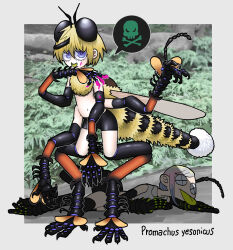 2girls absurdres antennae arthropod_girl arthropod_limbs blonde_hair blood blood_on_face blood_on_hands commentary_request corpse full_body highres looking_at_viewer monster_girl multiple_girls murder neck_fur nicoq_(koikoihaihai) original outdoors pink_blood purple_eyes short_hair solo