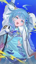 Rule 34 | :d, arm behind head, arms up, black choker, blue bow, blue eyes, blue hair, blue shirt, blue shorts, blue socks, blunt bangs, bow, braid, choker, commentary request, earclip, hair bow, hair flaps, hair ornament, hairclip, head tilt, high-waist shorts, highres, hololive, hololive dev is, indian style, jacket, lightning ahoge, long hair, looking at viewer, loose socks, low twin braids, mizumiya su, multicolored hair, o-ring, o-ring choker, open mouth, outstretched arm, pink hair, planetzer 0, pom pom (clothes), shirt, short shorts, shorts, sitting, smile, socks, spiked ear piercing, streaked hair, striped clothes, striped socks, teeth, torn clothes, torn shirt, twin braids, upper teeth only, virtual youtuber, white jacket, x hair ornament