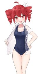 1girl absurdres adjusting_clothes black_one-piece_swimsuit blush breasts covered_navel drill_hair feet_out_of_frame hair_between_eyes hair_ribbon hand_on_own_hip highres jacket karmanimaxwx kasane_teto kasane_teto_(sv) looking_at_viewer one-piece_swimsuit open_clothes open_jacket open_mouth red_eyes ribbon see-through_clothes see-through_jacket simple_background small_breasts solo sweatdrop swimsuit synthesizer_v twin_drills utau white_background white_ribbon