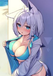 1girl ahoge animal_ear_fluff animal_ears bikini blush braid breasts cleavage deaver fox_ears fox_girl fox_tail green_eyes hair_between_eyes halterneck highres hololive large_breasts long_hair looking_at_viewer open_mouth shirakami_fubuki shirakami_fubuki_(hololive_summer_2019) sidelocks single_braid solo string_bikini sweat swimsuit tail virtual_youtuber