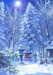 bare_tree blue_sky building commentary_request day footprints highres hokora_(shrine) mikannokawa7008 no_humans original outdoors plant resolution_mismatch revision scenery shadow sky snow source_smaller stone_lantern sun tree winter