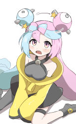 1girl bare_shoulders blue_hair blush character_hair_ornament dizzy eyelashes hair_ornament highres iono_(pokemon) jacket long_hair long_sleeves multicolored_hair nintendo open_mouth pink_eyes pink_hair pokemon pokemon_sv single_leg_pantyhose sitting sleeves_past_fingers sleeves_past_wrists solo teeth two-tone_hair upper_teeth_only user_tyud3887 very_long_hair wariza white_background yellow_jacket