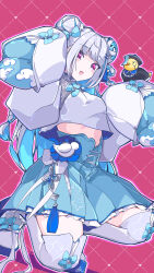1girl absurdres animal_on_arm baby_animal bird blue_skirt bow bow_legwear braid chick china_dress chinese_clothes colored_inner_hair double_bun dress fang footwear_bow frilled_skirt frills hair_bun high-waist_skirt highres jiangshi_costume kneeling lize_helesta lize_helesta_(11th_costume) long_hair mandarin_collar midriff_peek multicolored_hair nijisanji noraki151 pleated_skirt purple_eyes red_background sebastian_piyodore shirt sidelocks skin_fang skirt sleeve_bow sleeves_past_fingers sleeves_past_wrists smile thighhighs twin_braids two-sided_fabric two-tone_hair two_side_up very_long_sleeves virtual_youtuber waist_bow white_shirt white_thighhighs wide_sleeves zettai_ryouiki