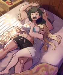 2girls aged_up alternate_muscle_size antenna_hair barefoot black_hair black_shorts blonde_hair breasts hair_ornament hair_scrunchie happy_trail height_difference highres juno_son large_breasts lillie_(pokemon) long_hair messy_hair messy_sleeper multiple_girls muscular muscular_female navel_hair nightgown nintendo pillow pokemon pokemon_sm scrunchie selene_(pokemon) shadow shirt short_hair shorts sleeping sleepwear sleeveless snoring t-shirt very_long_hair yuri