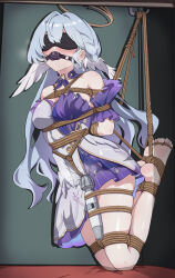 Rule 34 | 1girl, absurdres, arms behind back, ball gag, barefoot, bdsm, blindfold, blue hair, blush, bondage, bound, bound arms, bound legs, bound toes, bound torso, box tie, breasts, crotch rope, crying, crying under blindfold, dress, drooling, earrings, female ejaculation, female focus, female orgasm, forced orgasm, gag, gagged, halo, head wings, highres, hitachi magic wand, honkai: star rail, honkai (series), jewelry, kneeling, komekura (110015430), long hair, medium breasts, mimoun, orgasm, pussy juice, pussy juice trail, restrained, robin (honkai: star rail), rope, rope belt, saliva, saliva trail, sex toy, shibari, shibari over clothes, skindentation, soles, solo, stationary restraints, suspension, upright restraints, variant set, vibrator, vibrator over clothes, white dress, wings