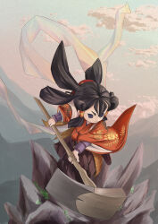 1girl absurdres black_eyes black_hair black_hakama cloud hagoromo hair_rings hakama highres hoe holding_hoe japanese_clothes kimono mizura outdoors red_kimono sakuna-hime shawl sky smile solo tensui_no_sakuna-hime yoko_jzz30