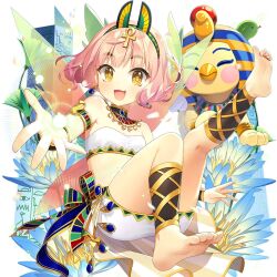 1girl ancient_egyptian_clothes barefoot blunt_bangs kanna_(uchihime) pink_hair salt_(salty) short_hair sphinx uchi_no_hime-sama_ga_ichiban_kawaii wings yellow_eyes