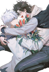 2boys :d absurdres antenna_hair arms_around_neck black_hair black_jacket black_pants blue_flower blush bouquet brown_eyes cheng_xiaoshi closed_mouth eye_contact fang flower from_side hair_between_eyes highres holding holding_bouquet hood hood_down hoodie hug jacket jumping justjust_monika long_sleeves looking_at_another lu_guang male_focus messy_hair multicolored_jacket multiple_boys official_alternate_costume open_clothes open_jacket open_mouth pants ponytail profile red_flower shiguang_dailiren shirt short_hair short_ponytail simple_background smile spiked_hair teeth two-tone_jacket white_background white_flower white_hair white_hoodie white_shirt yaoi