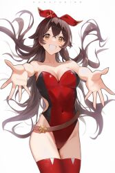 1girl amber_(genshin_impact) artist_name black_one-piece_swimsuit breasts brown_eyes brown_hair clothing_cutout commentary commission covered_navel cowboy_shot crossed_bangs english_commentary genshin_impact hairband highres kana_yukino long_hair looking_at_viewer one-piece_swimsuit outstretched_arms reaching reaching_towards_viewer red_hairband red_one-piece_swimsuit red_thighhighs side_cutout simple_background smile solo strapless strapless_one-piece_swimsuit swimsuit thighhighs thighs two-tone_one-piece_swimsuit white_background
