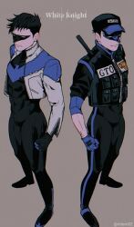 1boy batman:_white_knight dick_grayson full_body hat male-focus mtam_02 nightwing police police_hat police_uniform policeman signature simple_background solo superhero_costume