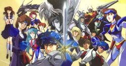 1980s_(style) 1girl 4girls blue_bodysuit bodysuit brown_eyes brown_hair character_request closed_mouth commentary dual_persona habara_nobuyoshi helmet highres holding holding_weapon leina_stol long_hair looking_at_viewer machine_robo machine_robo_chronos_no_dai_gyakushuu mecha multiple_boys multiple_girls official_art oldschool open_mouth retro_artstyle robot rom_stol school_uniform skirt smile solo sword weapon