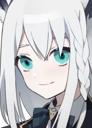 1girl animal_ears aqua_eyes bow bowtie braid cjsdh1000 closed_mouth fox_ears fox_girl grey_hair hair_between_eyes hololive long_hair looking_at_viewer portrait shirakami_fubuki shirakami_fubuki_(aristocrat_kei) side_braid simple_background solo virtual_youtuber white_background