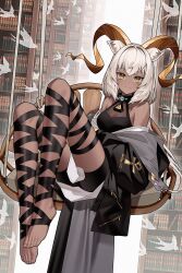 1girl absurdres animal_ear_fluff animal_ears ankh arknights barefoot beeswax_(arknights) black_jacket book bookshelf breasts chinese_commentary cleavage closed_mouth clothes_writing commentary_request crossed_bangs curled_horns dark-skinned_female dark_skin feet full_body highres horns infection_monitor_(arknights) jacket knees_up looking_at_viewer medium_breasts medium_hair off_shoulder sitting smile solo thigh_strap toenails toes white_hair yellow_eyes yellow_horns zhengqi_zhizi_sg