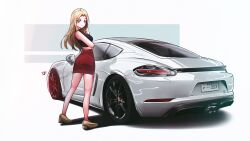 1girl absurdres agnes_beckenbauer ass beckenbauer_agnes blonde_hair breasts brown_footwear car cropped_shirt from_behind green_eyes hand_in_own_hair highres long_hair looking_at_viewer medium_breasts mf_ghost mizzterbii motor_vehicle pencil_skirt porsche porsche_cayman red_skirt shadow signature skirt smile solo sports_car vehicle_focus