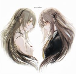Rule 34 | 2girls, absurdres, black bow, black jacket, bow, brown hair, collared shirt, commentary, copyright name, cropped torso, face-to-face, from side, girls&#039; frontline, girls&#039; frontline 2: exilium, green eyes, grey background, grey eyes, grey hair, hair bow, highres, jacket, lainie (girls&#039; frontline 2), leva (girls&#039; frontline 2), long hair, looking at another, multiple girls, necktie, open clothes, open jacket, renoahh, ribbed sweater, scar, scar across eye, scar on face, shirt, simple background, sleeveless, sleeveless sweater, smile, sparkling eyes, sweater, turtleneck, turtleneck sweater, ump40 (girls&#039; frontline), ump45 (girls&#039; frontline), white hair, white shirt, white sweater, yellow eyes, yellow necktie