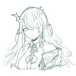 Rule 34 | 1girl, arknights, close-up, closed mouth, collared shirt, dusk (arknights), hair between eyes, highres, lips, long hair, monochrome, non-web source, painting (medium), portrait, shirt, signature, simple background, sketch, traditional media, white background