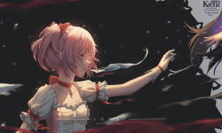 2girls absurdres akemi_homura anhao1224 artist_name black_hair bow chinese_commentary choker closed_mouth commentary_request copyright_name crying crying_with_eyes_open frills gloves hair_bow highres kaname_madoka kaname_madoka_(magical_girl) long_hair mahou_shoujo_madoka_magica medium_hair multiple_girls pink_eyes pink_hair puffy_short_sleeves puffy_sleeves reaching reaching_towards_another red_bow ribbon-trimmed_sleeves ribbon_choker ribbon_trim short_sleeves short_twintails tears twintails upper_body white_gloves