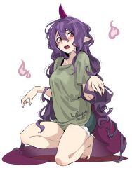 1girl absurdres barefoot breasts collarbone commentary_request green_shirt hair_between_eyes highres horns kneeling long_hair looking_at_viewer open_mouth pointy_ears purple_hair red_eyes shirt shorts shot_(shot0598) simple_background single_horn solo t-shirt tail teeth tenkajin_chiyari touhou very_long_hair wavy_hair white_background