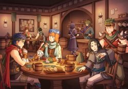 Rule 34 | 6+boys, absurdres, animal ears, barrel, birusabi, black cat, blue hair, boyd (fire emblem), candle, card, cat, cat boy, cat ears, chair, closed eyes, commentary, cup, english commentary, facial mark, fire emblem, fire emblem: radiant dawn, forehead mark, green hair, headband, headdress, highres, holding, holding card, holding cup, ike (fire emblem), indoors, male focus, multiple boys, nintendo, one eye closed, playing card, ranulf (fire emblem), red hair, scarf, short hair, sitting, soren (fire emblem), sothe (fire emblem), stefan (fire emblem), table, tavern, tormod (fire emblem), zihark (fire emblem)