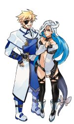 1boy 1girl blonde_hair blue_hair boots bow brother_and_sister cosplay dizzy_(guilty_gear) dizzy_(guilty_gear)_(cosplay) eyepatch guilty_gear guilty_gear_strive ky_kiske ky_kiske_(cosplay) nishimoto siblings simple_background sin_kiske standing tail tail_bow tail_ornament thighhighs unika_(guilty_gear)