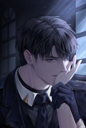 1boy absurdres black_gloves black_hair black_jacket black_necktie caleb_(love_and_deepspace) gloves highres holding_another&#039;s_arm jacket kiss kissing_hand korean_commentary light_particles light_rays looking_at_viewer love_and_deepspace male_focus mang_chan_d necktie out_of_frame parted_lips portrait purple_eyes short_hair window