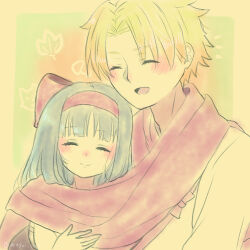 Rule 34 | 1boy, 1girl, ainu clothes, blue hair, blush, closed eyes, fingerless gloves, galford d weller, gloves, hair ribbon, happy, height difference, highres, japanese clothes, long hair, nakoruru, ninja, ribbon, samurai spirits, short hair, smile, snk