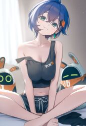 1girl ai-assisted bangboo_(zenless_zone_zero) bangboo_6_(zenless_zone_zero) belle_(zenless_zone_zero) black_shorts blue_hair breasts camisole dolphin_shorts earrings eous_(zenless_zone_zero) green_eyes hair_ornament highres jewelry large_breasts letter_hair_ornament looking_at_viewer navel poki_(j0ch3fvj6nd) short_shorts shorts single_earring sitting smile strap_slip zenless_zone_zero