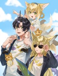 Rule 34 | 1boy, 2girls, adjusting eyewear, alternate costume, animal bag, animal ears, arknights, bag, black jacket, black shoes, blonde hair, blue hairband, blue jacket, blue shorts, blue sky, bobby socks, braid, braided hair rings, carrying, chinese commentary, colored tips, commentary request, family, father and daughter, fox ears, fox girl, fox tail, frilled shorts, frills, grabbing another&#039;s ear, green eyes, hair rings, hairband, hand on another&#039;s ear, highres, husband and wife, jacket, kitsune, kyuubi, mother and daughter, multicolored hair, multiple girls, multiple tails, open clothes, open jacket, open mouth, pink hair, purple hair, rubun0227, shirt, shoes, short shorts, short sleeves, shorts, shoulder bag, shoulder carry, side braid, sky, socks, streaked hair, sunglasses, suzuran&#039;s father (arknights), suzuran (arknights), tail, teeth, twin braids, two-tone hair, upper teeth only, vulpisfoglia (arknights), white hair, white shirt, white socks