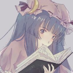 1girl book embodiment_of_scarlet_devil gensou_getsumen_rt hat long_hair looking_at_viewer mob_cap open_book patchouli_knowledge purple_background purple_eyes purple_hair reading solo touhou