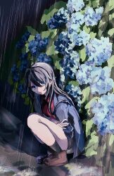 Rule 34 | 1girl, black hair, black socks, blue eyes, blue jacket, closed mouth, crossed arms, dot mouth, flower, hair ornament, hairclip, hashtag-only commentary, highres, hydrangea, idolmaster, idolmaster shiny colors, jacket, knnag1, long hair, miniskirt, mitsumine yuika, plaid clothes, plaid skirt, rain, red shirt, shirt, skirt, socks, solo, squatting