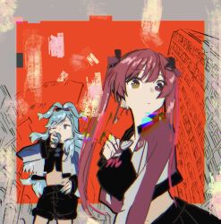 Rule 34 | 2girls, absurdres, black shirt, black shorts, black skirt, blue eyes, blue hair, blue jacket, can, cowboy shot, crop top, cropped jacket, hasu, highres, holding, holding can, hololive, hololive indonesia, houshou marine, iii (hololive), jacket, kobo kanaeru, midriff, miniskirt, multiple girls, official alternate costume, red eyes, red hair, red jacket, shirt, shorts, sketch, skirt, upper body, virtual youtuber, white jacket, yellow eyes