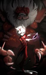 1girl beelzebub_(helltaker) bug business_suit demon demon_girl demon_horns demon_tail dual_persona fantasychange female_focus fewer_digits fly formal_clothes freckles gloves helltaker highres horns insect jewelry mane monster portal_(object) sharp_teeth short_hair smile solo suit tail teeth white_hair white_horns