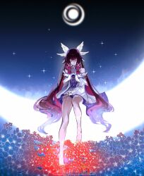 Rule 34 | 1girl, absurdres, bare legs, barefoot, black hair, blue flower, bow, bowtie, closed eyes, columbina (genshin impact), crescent, crescent moon, dress, eye mask, flower, genshin impact, hair flowing over, hair spread out, head wings, highres, long hair, moon, multicolored hair, multiple wings, pink hair, red flower, senard, smile, solo, streaked hair, two-tone hair, very long hair, white bow, white bowtie, white dress, white mask, white wings, wings, wrist bow, x-shaped eyewear