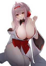 1girl absurdres bare_shoulders breasts cleavage flower goddess_of_victory:_nikke grey_hair hair_between_eyes hair_flower hair_intakes hair_ornament hair_over_shoulder hairband highres huge_breasts japanese_clothes kimono long_hair looking_at_viewer off_shoulder official_alternate_costume open_clothes parted_lips red_flower red_hairband red_rose red_sash reiami rose sash scarlet_(black_shadow)_(longing_flower)_(nikke) scarlet_(nikke) seiza simple_background sitting solo two-tone_kimono white_background white_kimono yellow_eyes