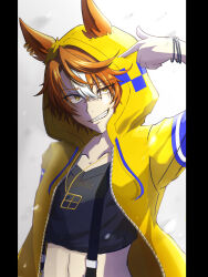 1girl absurdres animal_ears black_shirt bracelet brown_eyes brown_hair coat commentary cropped_shirt dictus_striker ear_piercing ears_through_hood grin highres hood hood_up hooded_coat horse_ears horse_girl jewelry kuruton_(krtn_gameac) looking_at_viewer multicolored_hair necklace open_clothes open_coat piercing pillarboxed pointing pointing_at_self shirt short_hair smile solo streaked_hair suspenders umamusume umamusume:_cinderella_gray upper_body white_hair yellow_coat