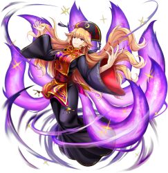 1girl black_dress black_hat blonde_hair breasts closed_mouth dalachi_(headdress) dress energy energy_tail fingernails fox_tail full_body game_cg hat headdress highres junko_(touhou) long_fingernails long_hair long_sleeves looking_at_viewer multiple_tails neck_ribbon official_art red_eyes red_nails red_tabard ribbon rotte_(1109) sharp_fingernails smile solo sparkle tabard tail tassel third-party_source touhou touhou_lostword transparent_background very_long_fingernails very_long_hair wide_sleeves yellow_ribbon