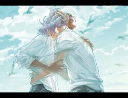 Rule 34 | 2boys, alternate costume, closed eyes, cloud, commentary request, dark-skinned male, dark skin, day, fiz breakfast, from side, hug, leon (pokemon), male focus, multiple boys, nintendo, open mouth, outdoors, pokemon, pokemon swsh, purple hair, raihan (pokemon), shirt, short sleeves, sky, smile, teeth, watermark, web address, white shirt