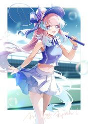 Rule 34 | 1girl, :d, absurdres, afish, alternate costume, artist name, bad source, badminton, bare shoulders, blue eyes, blue hair, blue shirt, blunt bangs, blurry, bow, bow-shaped hair, breasts, bubble, character name, colored tips, crop top, frills, genshin impact, gradient hair, hair ornament, hair stick, hat, high ponytail, highres, holding, long hair, looking at viewer, midriff, multicolored hair, navel, no pupils, open mouth, pink eyes, pink hair, pleated skirt, ponytail, purple eyes, racket, sangonomiya kokomi, sangonomiya kokomi (pulse+), shirt, shorts, sidelocks, skirt, sleeveless, sleeveless shirt, smile, solo, sportswear, standing, stomach, tennis racket, tennis uniform, two-tone hair, very long hair, visor cap, white skirt, wristband