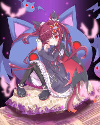 1girl alucard_lore animal_ears black_cloak black_dress black_pantyhose blush boots bow cat_ears cloak closed_mouth dress emil_chronicle_online familiar frilled_skirt frills highres long_hair looking_at_viewer one_eye_closed pantyhose purple_hair red_eyes red_hair senkyoku_niban skirt solo twintails vampire